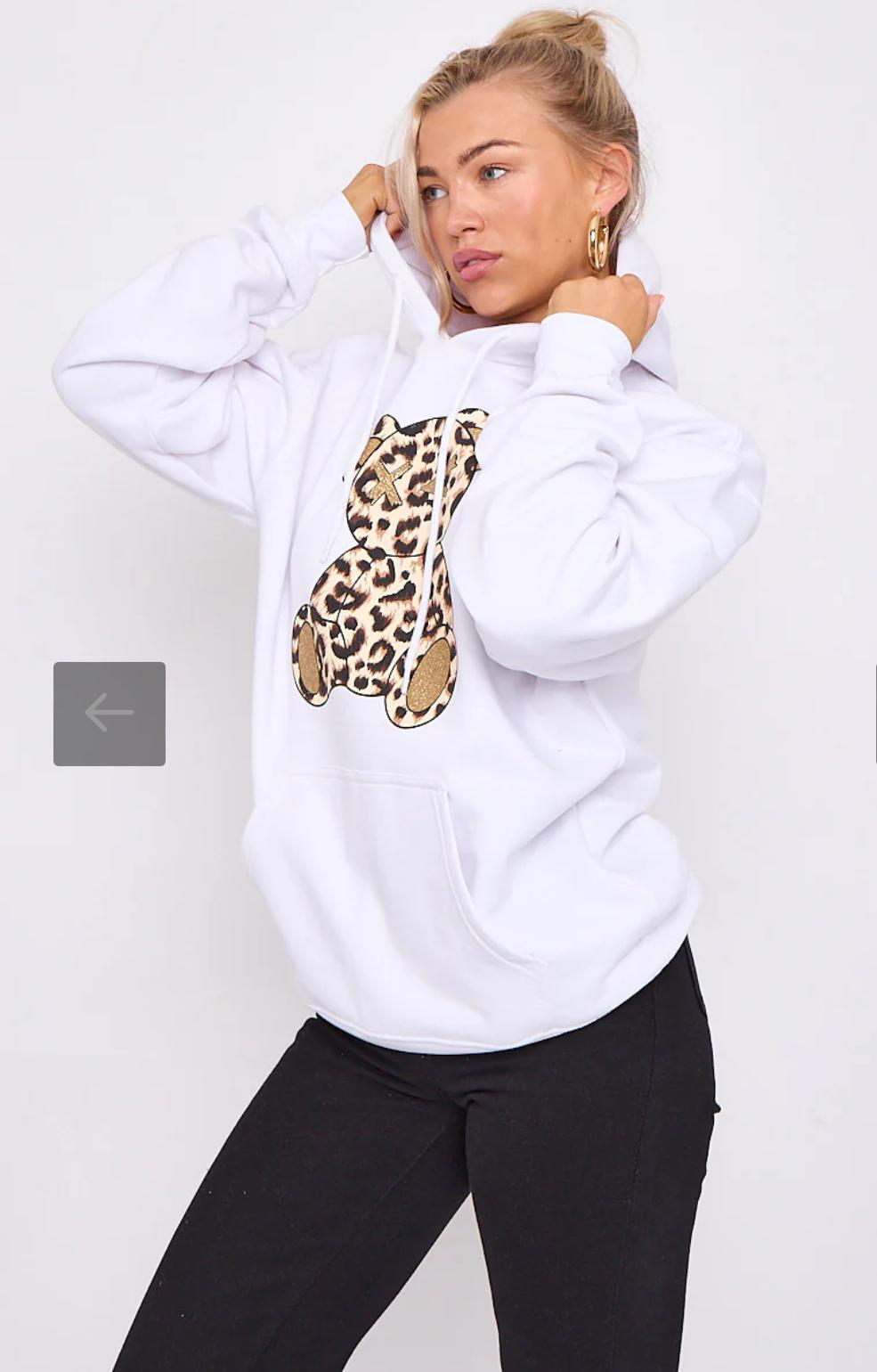 Ladies Long Sleeve Oversized Leopard Print Teddy Graphic hoodie sweatshirt Baggy jumper Dress - Remzs Fashion