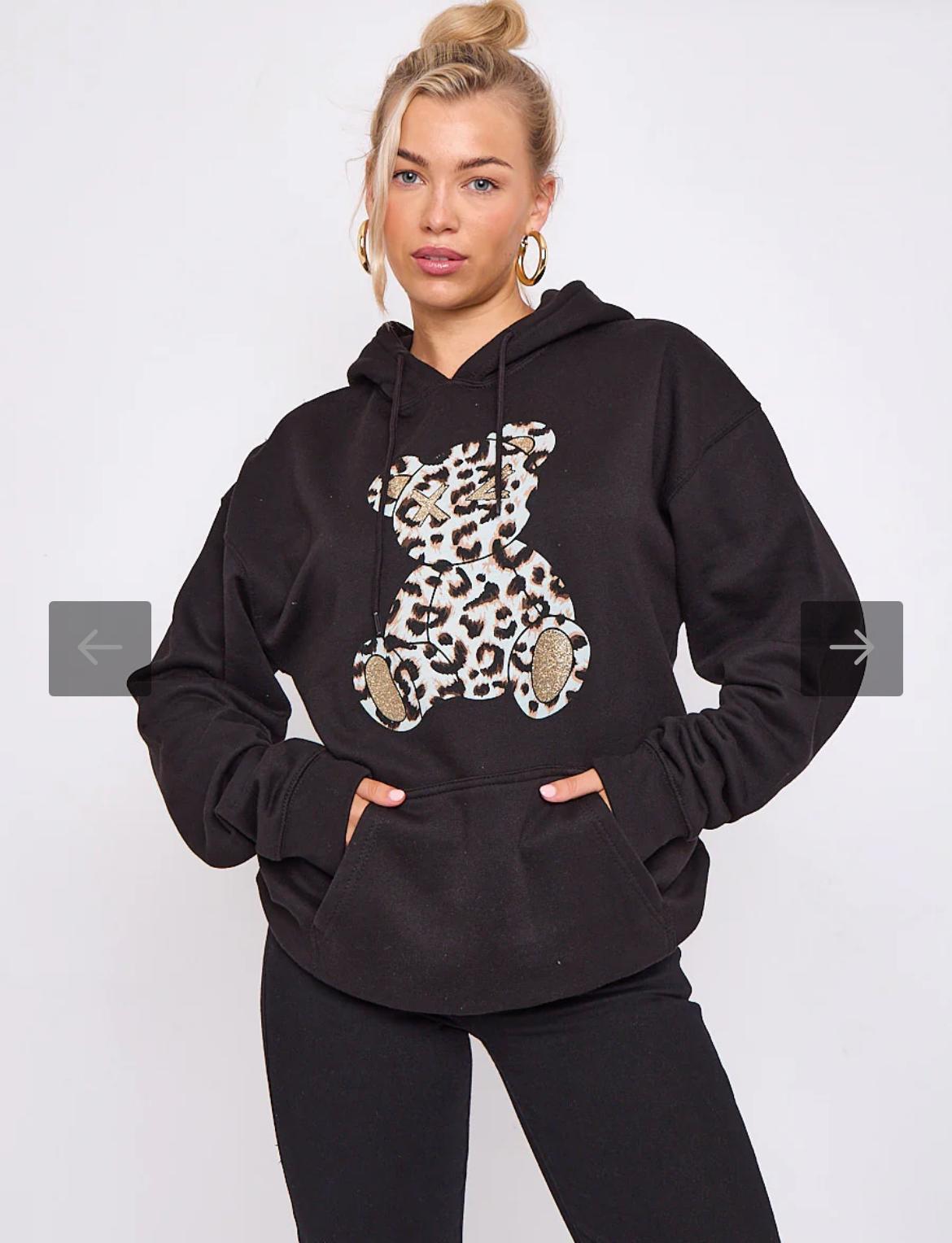 Ladies Long Sleeve Oversized Leopard Print Teddy Graphic hoodie sweatshirt Baggy jumper Dress - Remzs Fashion
