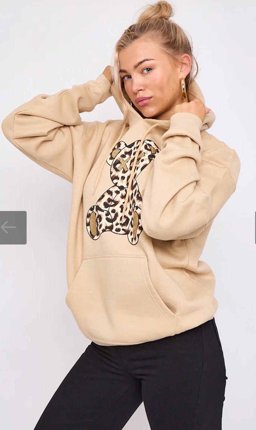 Ladies Long Sleeve Oversized Leopard Print Teddy Graphic hoodie sweatshirt Baggy jumper Dress - Remzs Fashion