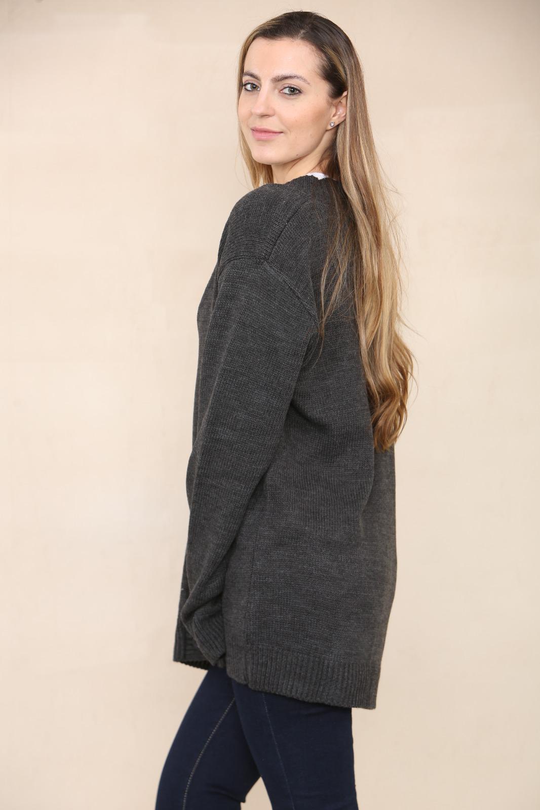 LADIES V/NECK PLAIN 5 BUTTON KNITTED OVERSIZE BAGGY LOOSE FIT CARDIGAN BACK - Remzs Fashion