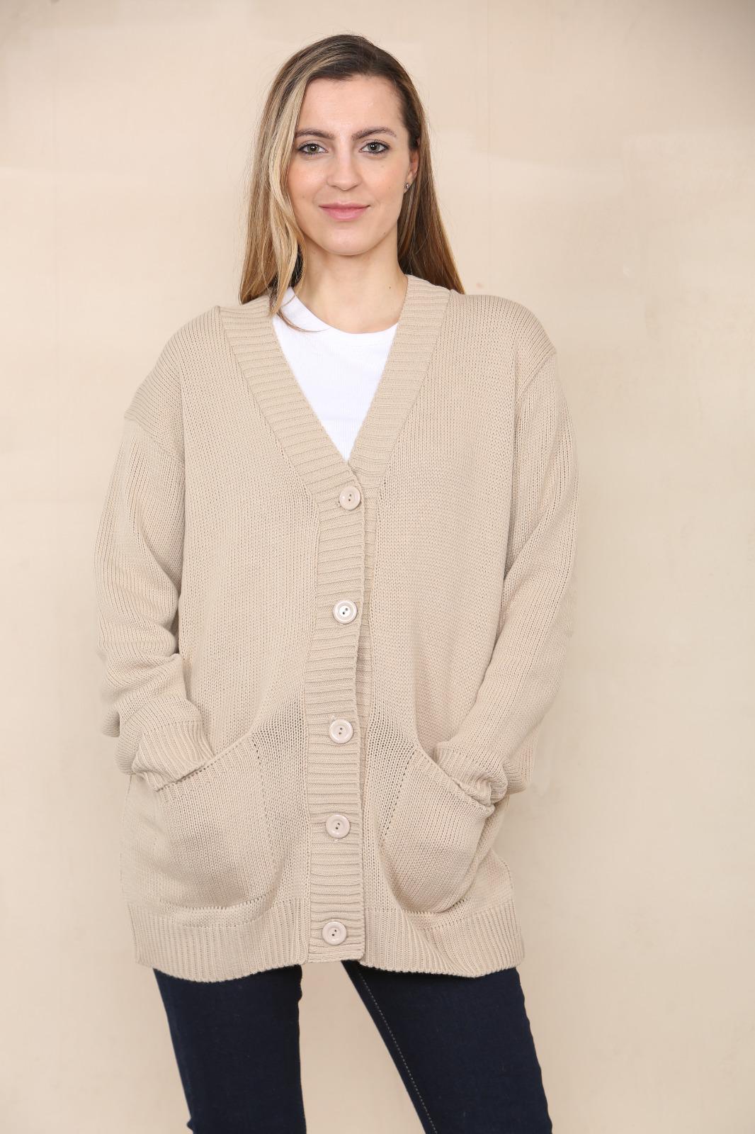 LADIES V/NECK PLAIN 5 BUTTON KNITTED OVERSIZE BAGGY LOOSE FIT CARDIGAN BACK - Remzs Fashion