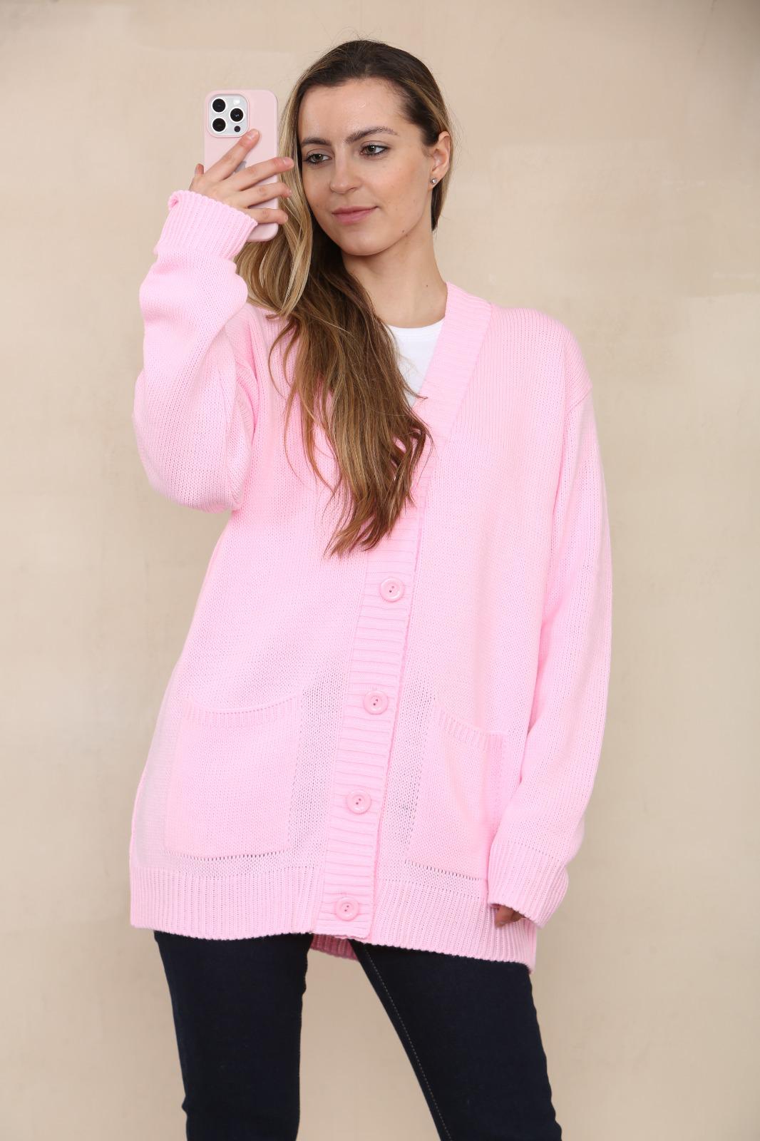 LADIES V/NECK PLAIN 5 BUTTON KNITTED OVERSIZE BAGGY LOOSE FIT CARDIGAN BACK - Remzs Fashion