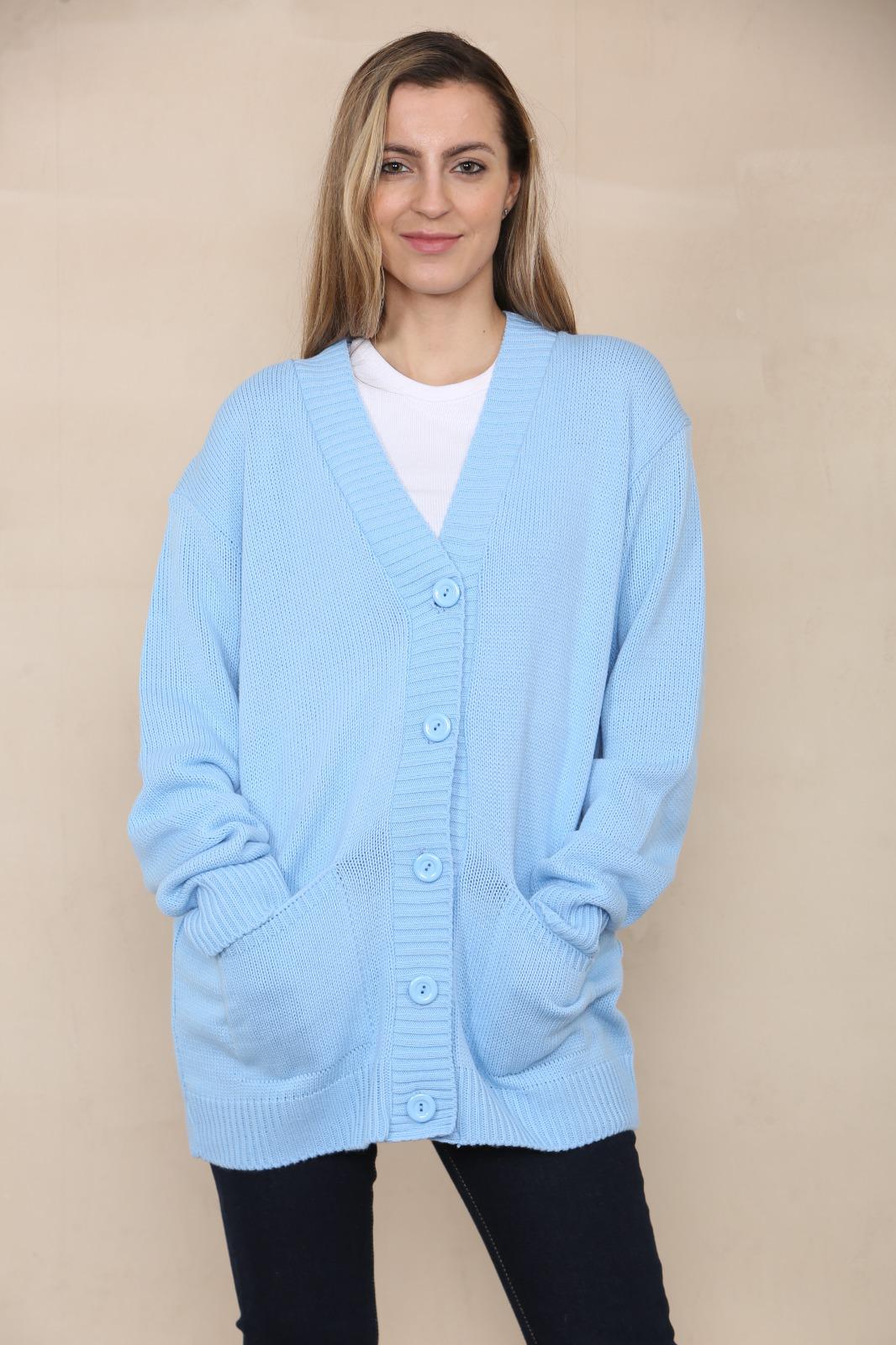 LADIES V/NECK PLAIN 5 BUTTON KNITTED OVERSIZE BAGGY LOOSE FIT CARDIGAN BACK - Remzs Fashion