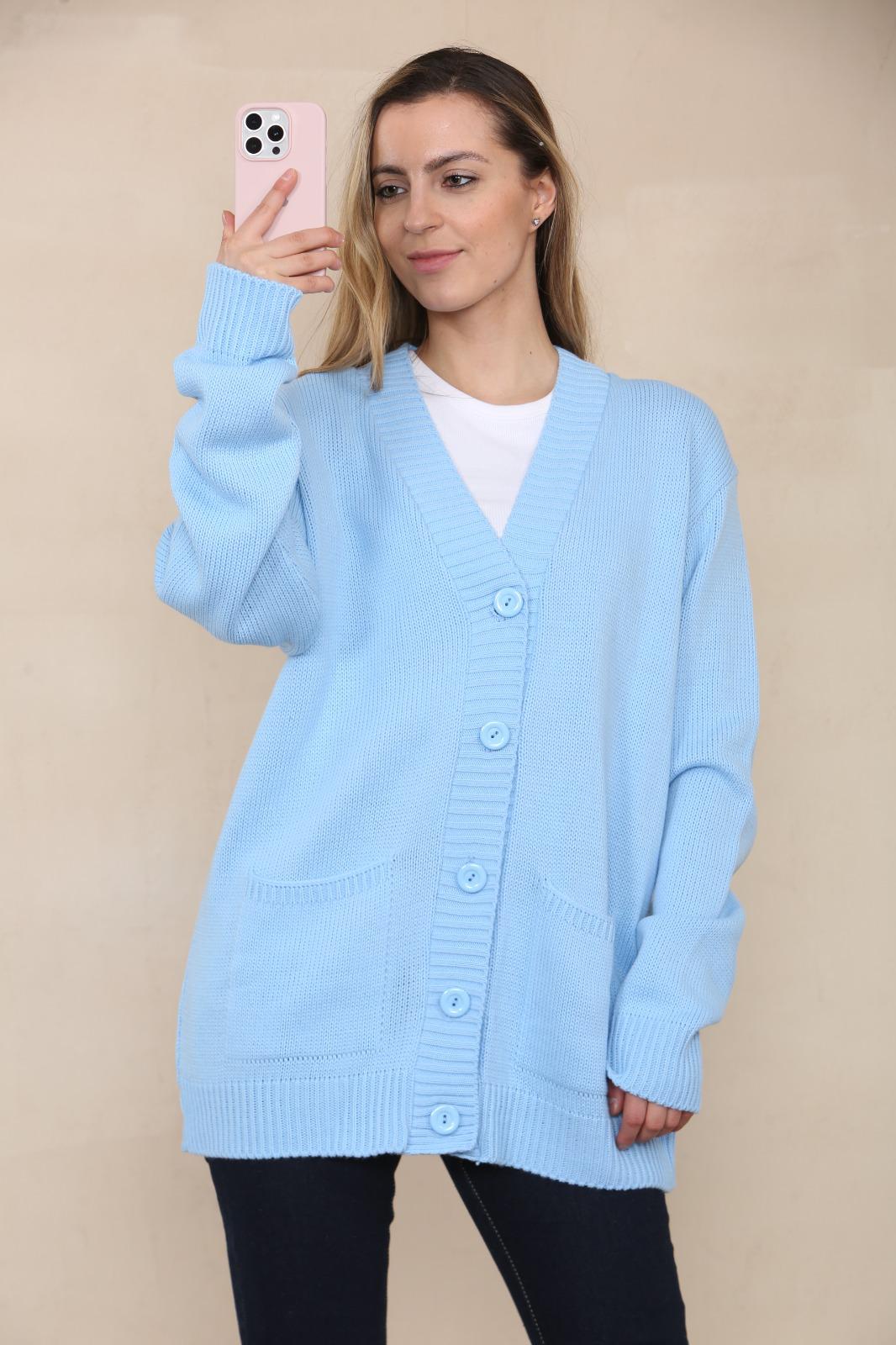 LADIES V/NECK PLAIN 5 BUTTON KNITTED OVERSIZE BAGGY LOOSE FIT CARDIGAN BACK - Remzs Fashion