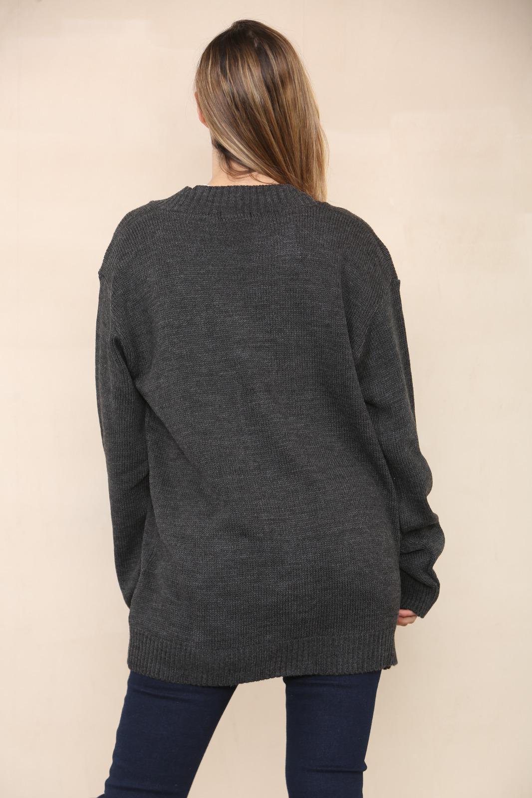 LADIES V/NECK PLAIN 5 BUTTON KNITTED OVERSIZE BAGGY LOOSE FIT CARDIGAN BACK - Remzs Fashion