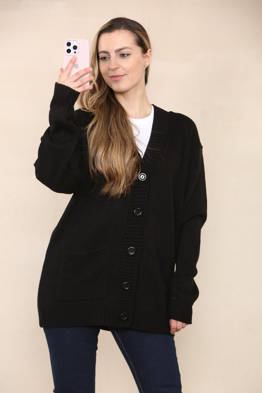 LADIES V/NECK PLAIN 5 BUTTON KNITTED OVERSIZE BAGGY LOOSE FIT CARDIGAN BACK - Remzs Fashion