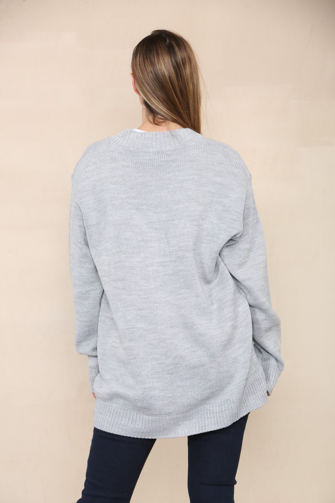 LADIES V/NECK PLAIN 5 BUTTON KNITTED OVERSIZE BAGGY LOOSE FIT CARDIGAN BACK - Remzs Fashion