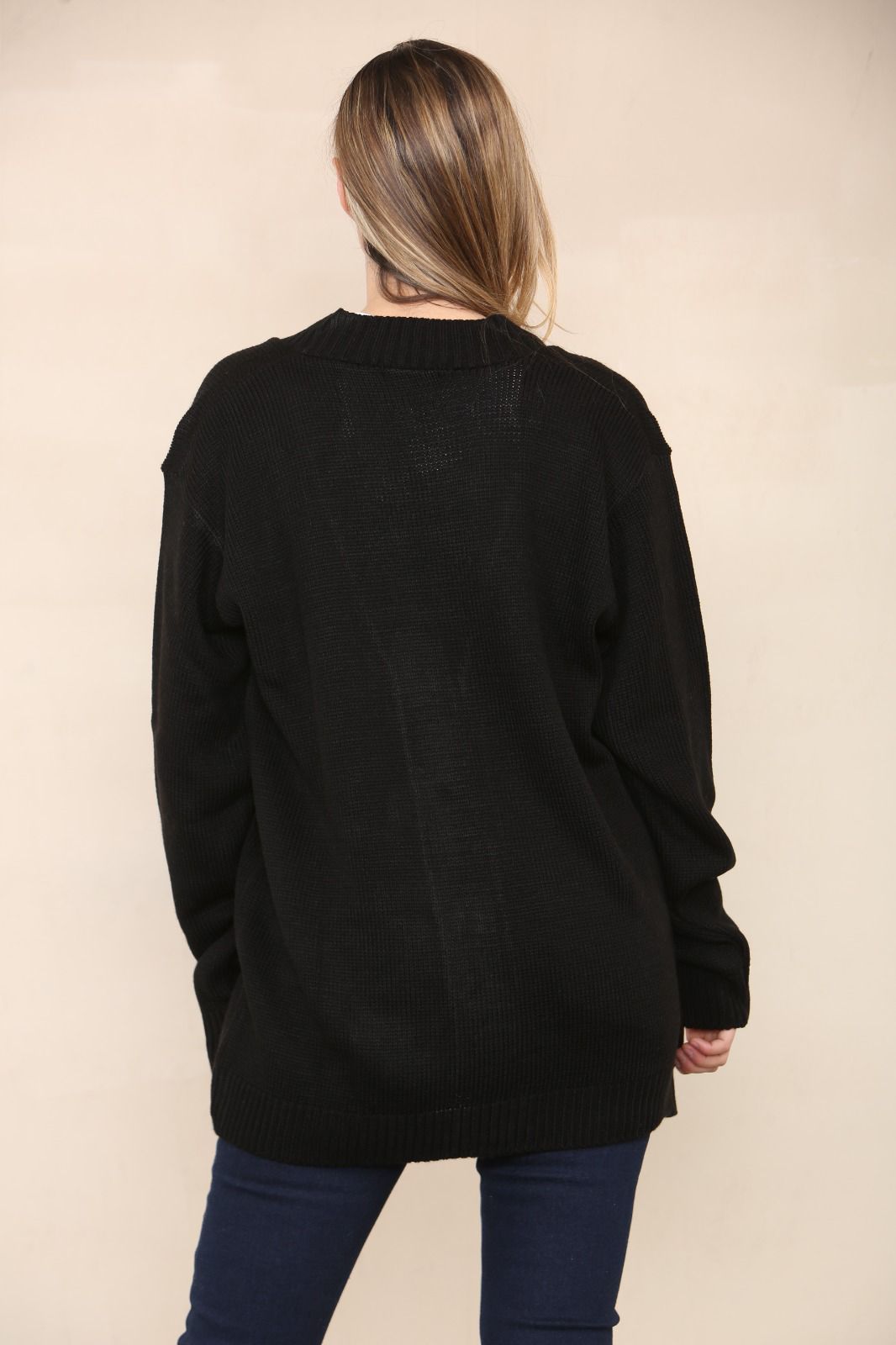 LADIES V/NECK PLAIN 5 BUTTON KNITTED OVERSIZE BAGGY LOOSE FIT CARDIGAN BACK - Remzs Fashion