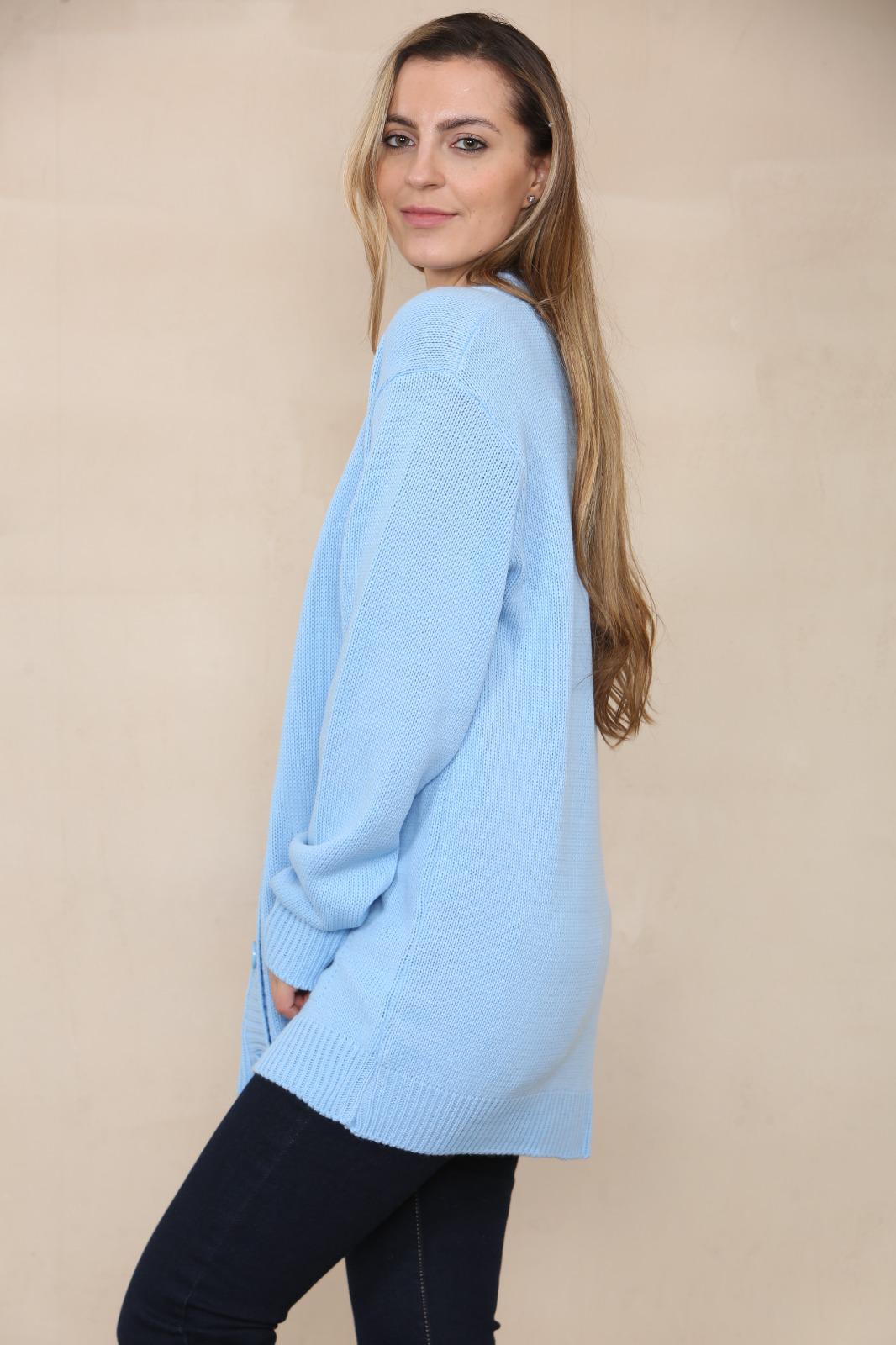 LADIES V/NECK PLAIN 5 BUTTON KNITTED OVERSIZE BAGGY LOOSE FIT CARDIGAN BACK - Remzs Fashion