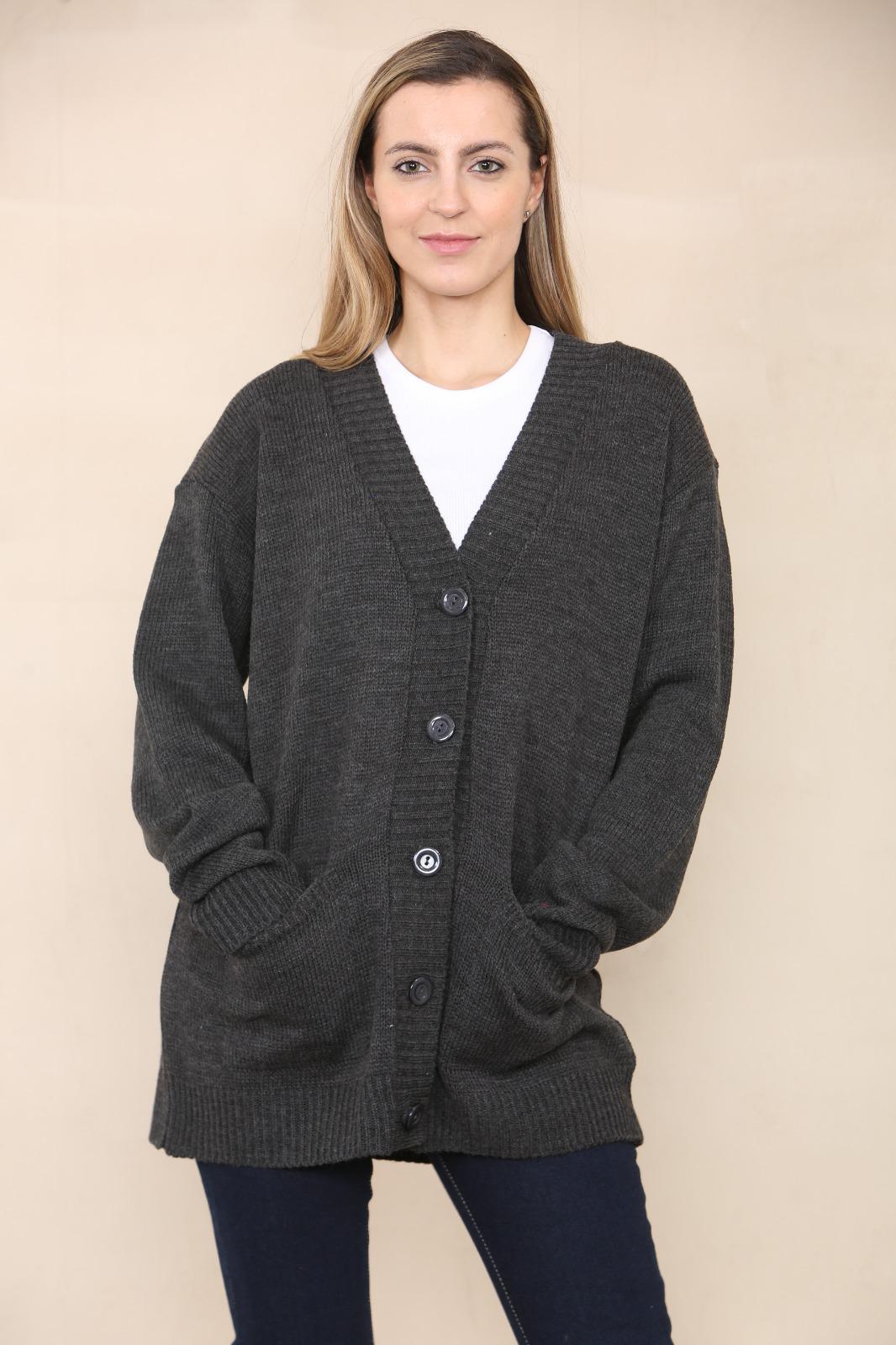 LADIES V/NECK PLAIN 5 BUTTON KNITTED OVERSIZE BAGGY LOOSE FIT CARDIGAN BACK - Remzs Fashion