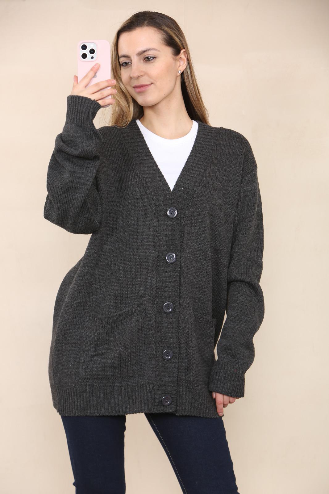 LADIES V/NECK PLAIN 5 BUTTON KNITTED OVERSIZE BAGGY LOOSE FIT CARDIGAN BACK - Remzs Fashion