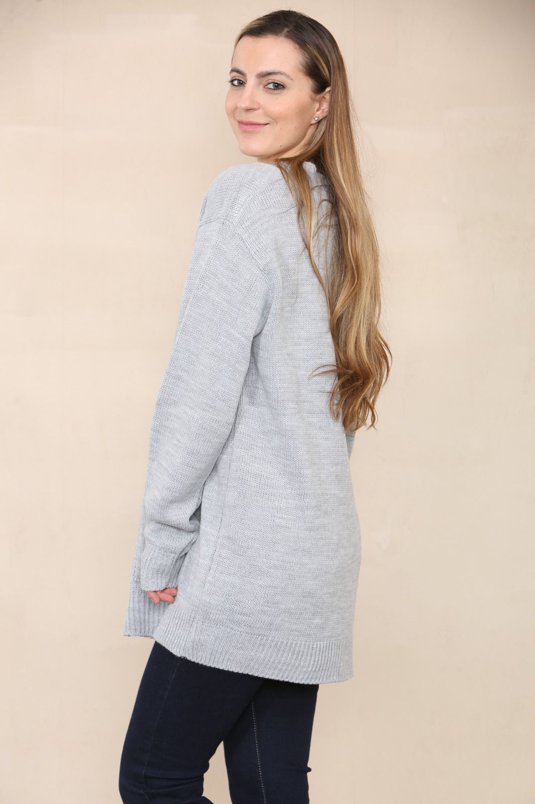 LADIES V/NECK PLAIN 5 BUTTON KNITTED OVERSIZE BAGGY LOOSE FIT CARDIGAN BACK - Remzs Fashion