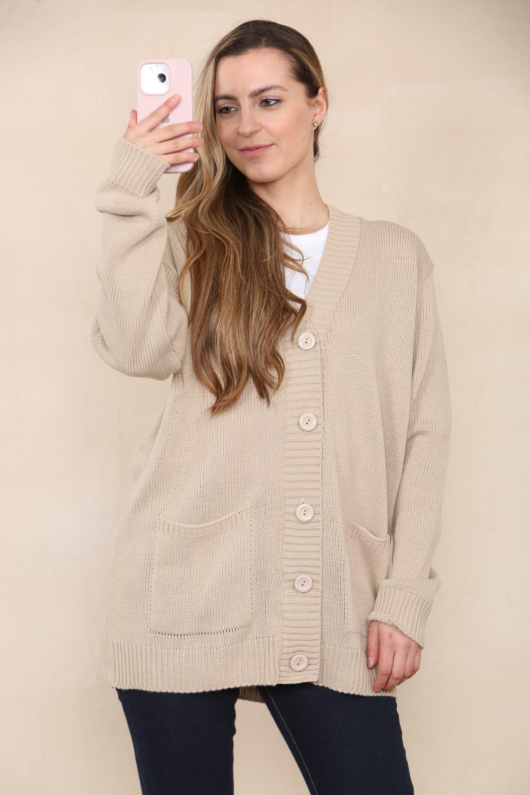 LADIES V/NECK PLAIN 5 BUTTON KNITTED OVERSIZE BAGGY LOOSE FIT CARDIGAN BACK - Remzs Fashion