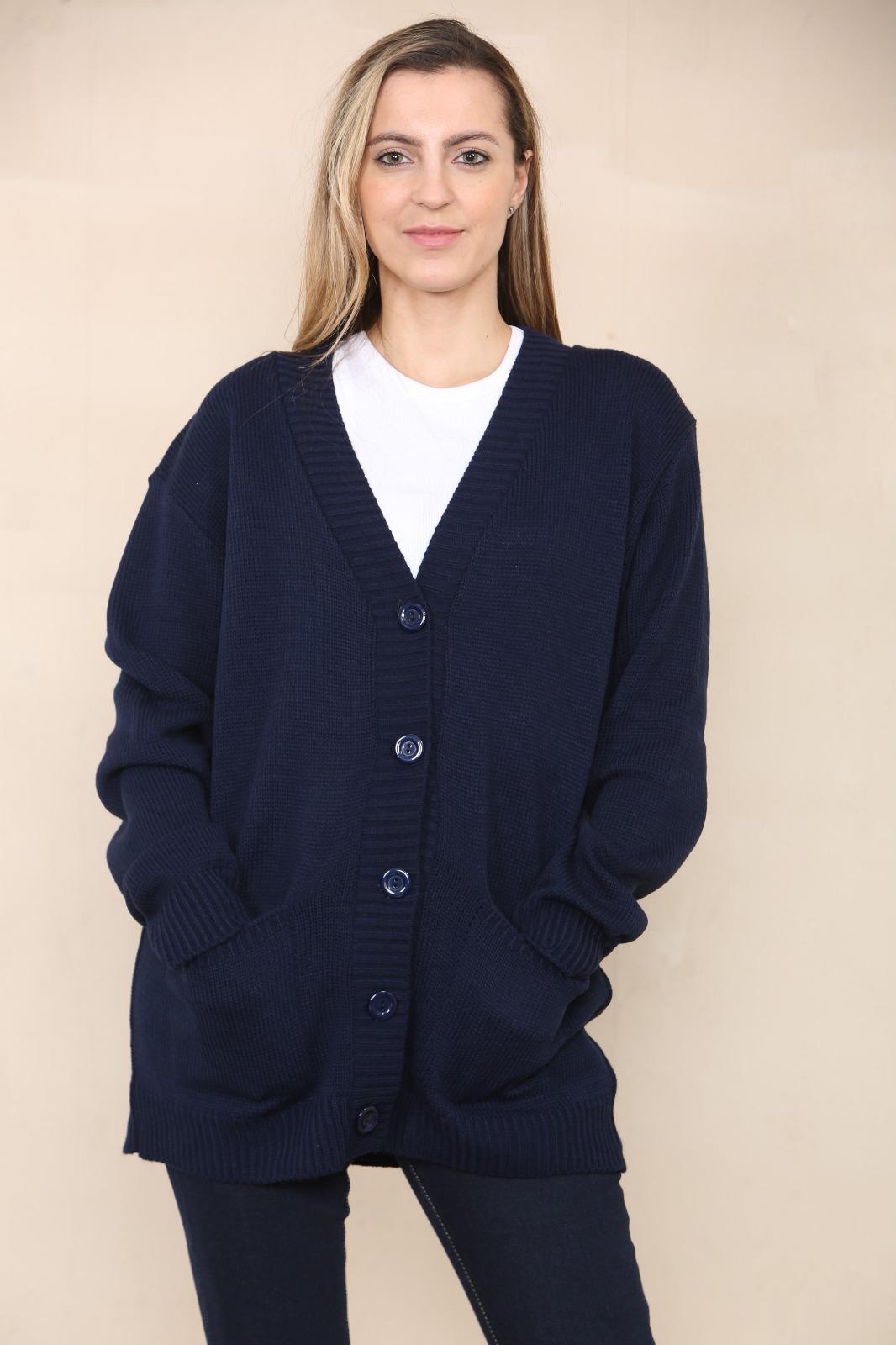 LADIES V/NECK PLAIN 5 BUTTON KNITTED OVERSIZE BAGGY LOOSE FIT CARDIGAN BACK - Remzs Fashion