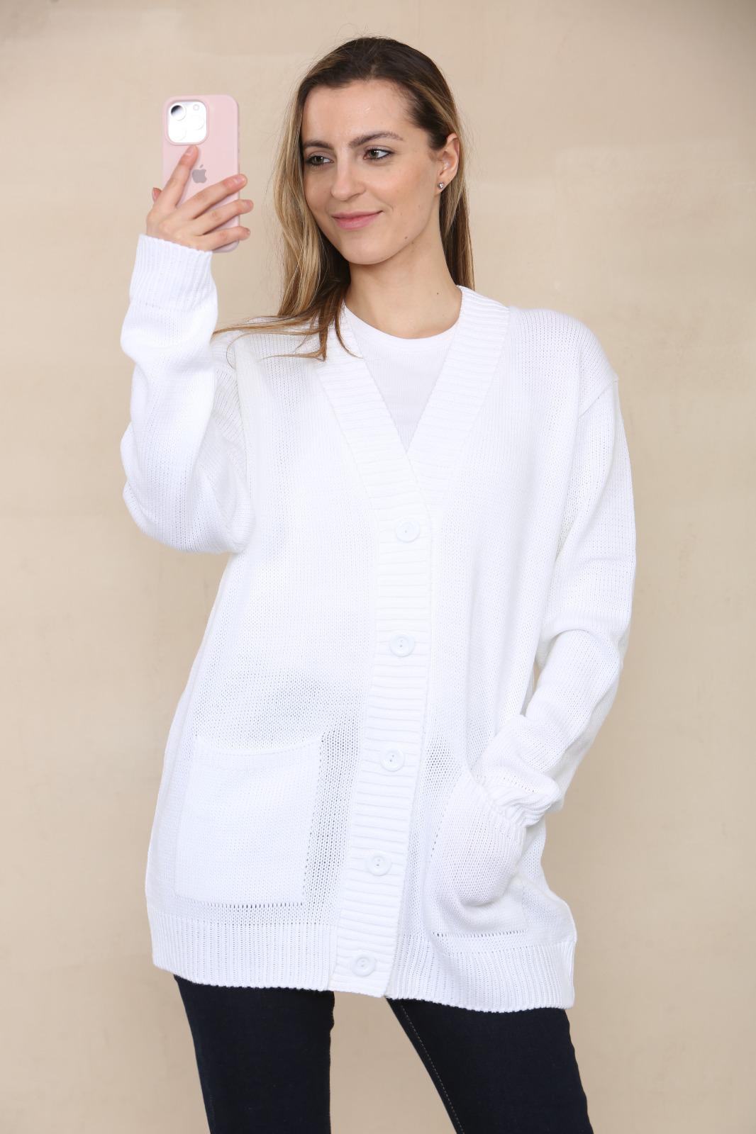 LADIES V/NECK PLAIN 5 BUTTON KNITTED OVERSIZE BAGGY LOOSE FIT CARDIGAN BACK - Remzs Fashion