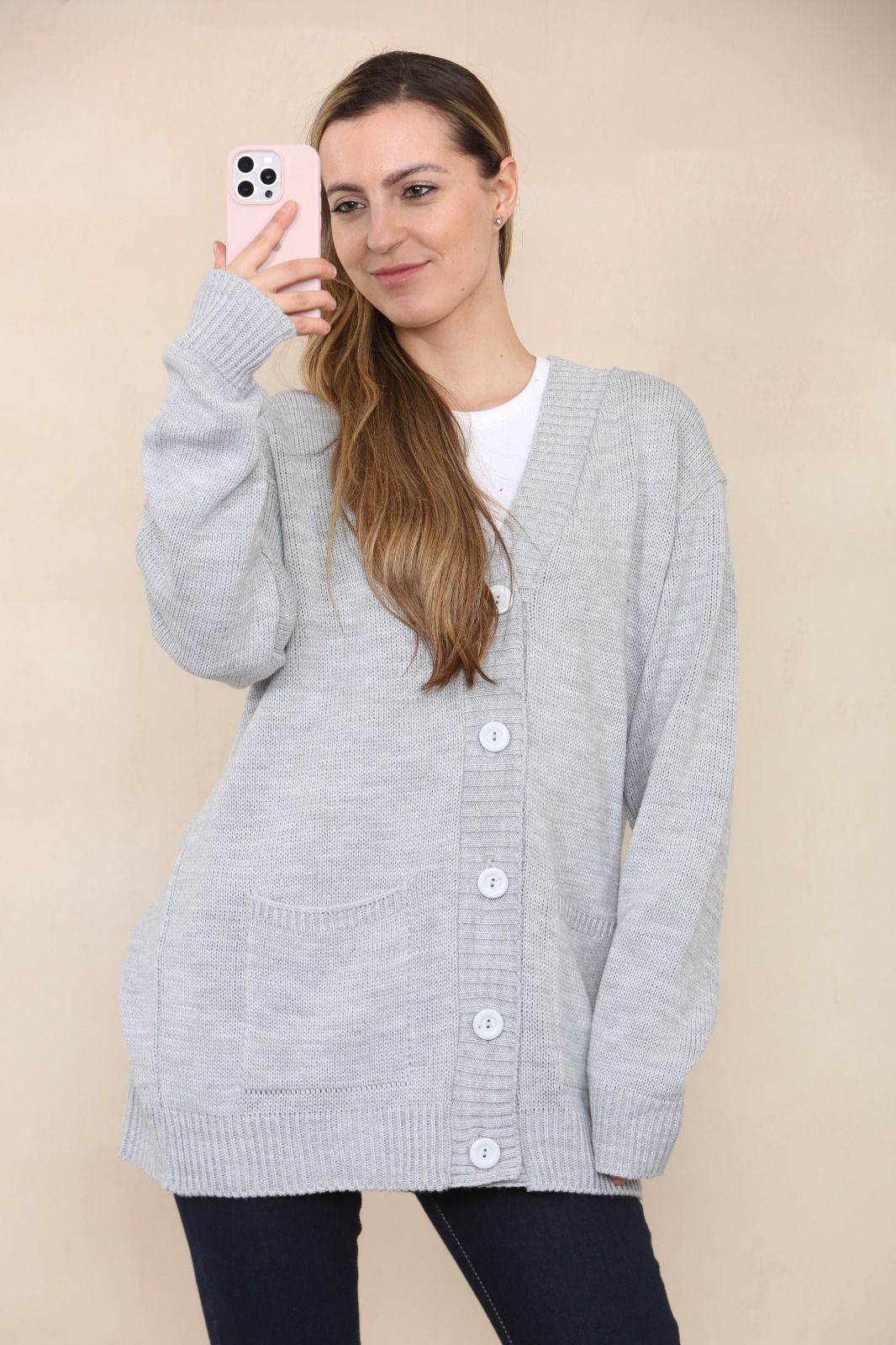 LADIES V/NECK PLAIN 5 BUTTON KNITTED OVERSIZE BAGGY LOOSE FIT CARDIGAN BACK - Remzs Fashion