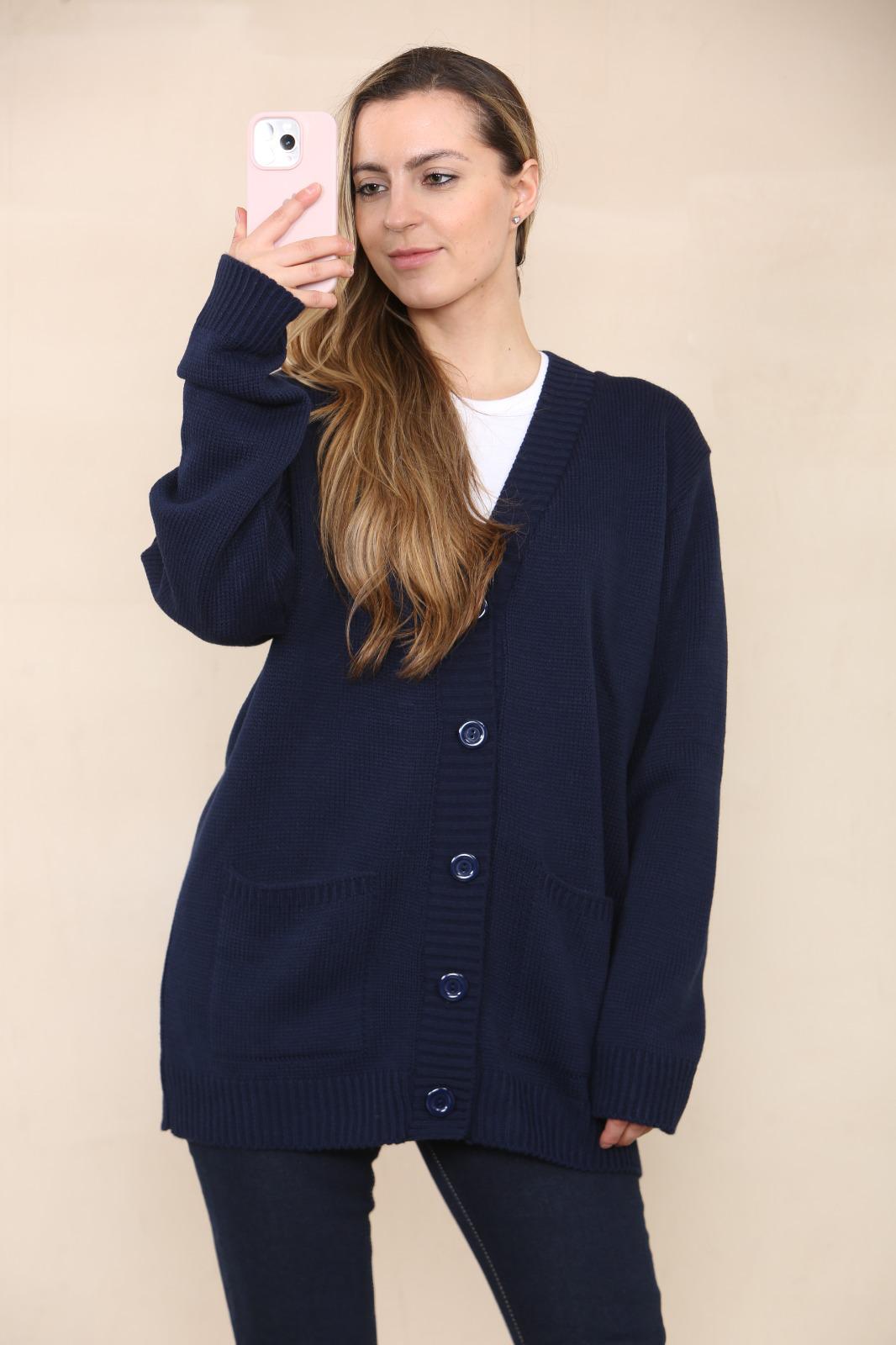 LADIES V/NECK PLAIN 5 BUTTON KNITTED OVERSIZE BAGGY LOOSE FIT CARDIGAN BACK - Remzs Fashion