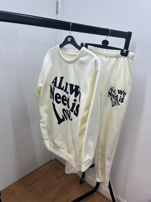 Ladies women’s Long Sleeve Fleece ALL WE NEED IS LOVE Print Round Neck Cuffed Bottom Trouser 2Pcs set - Remzs Fashion