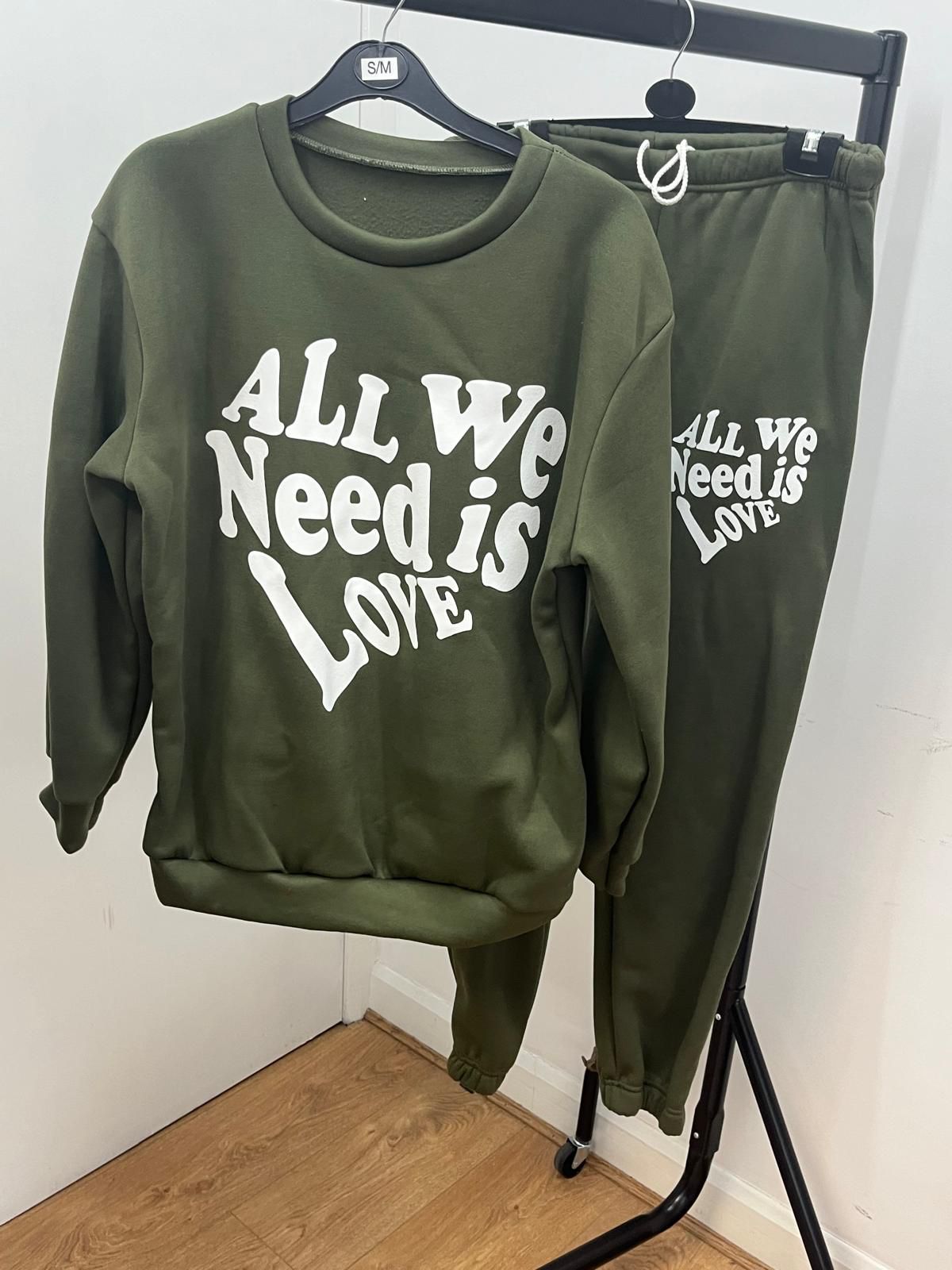 Ladies women’s Long Sleeve Fleece ALL WE NEED IS LOVE Print Round Neck Cuffed Bottom Trouser 2Pcs set - Remzs Fashion