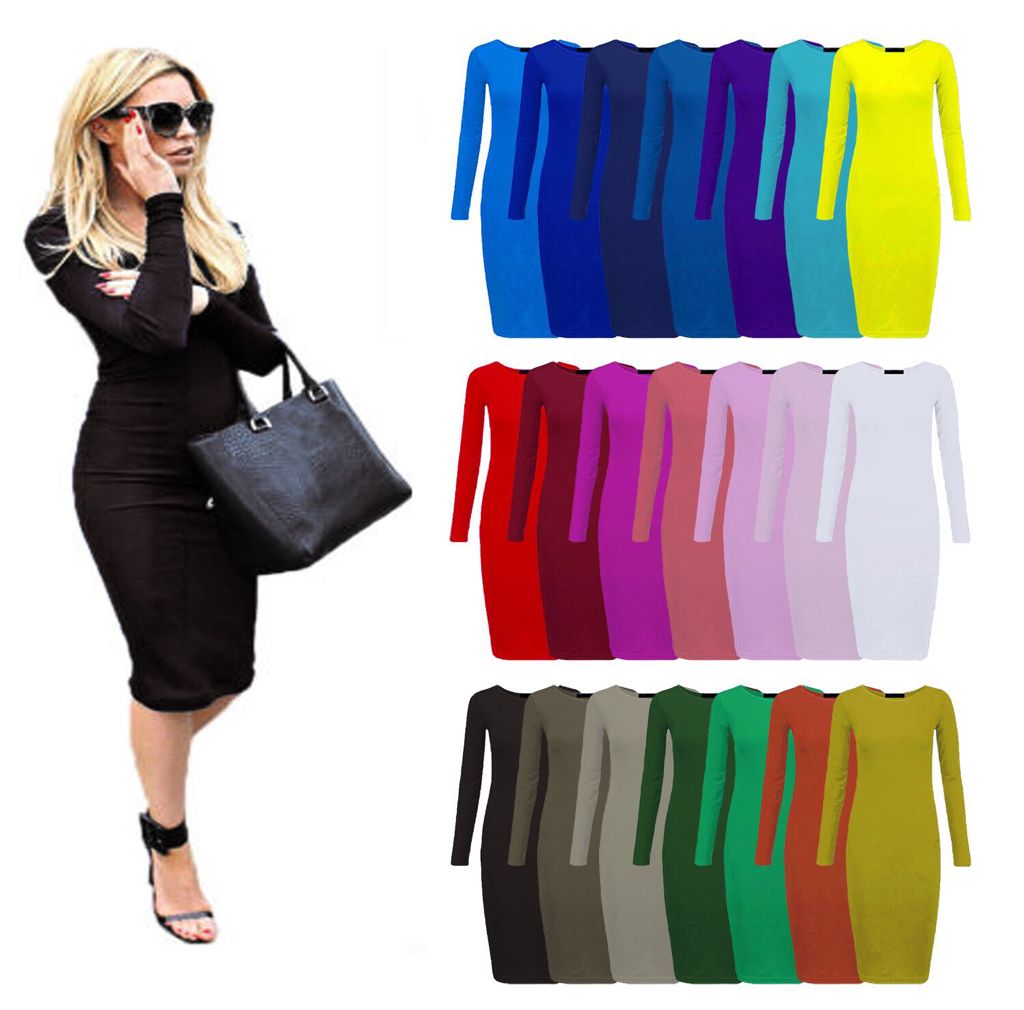 Long Sleeves Plain Midi Bodycon Dress - Remzs Fashion