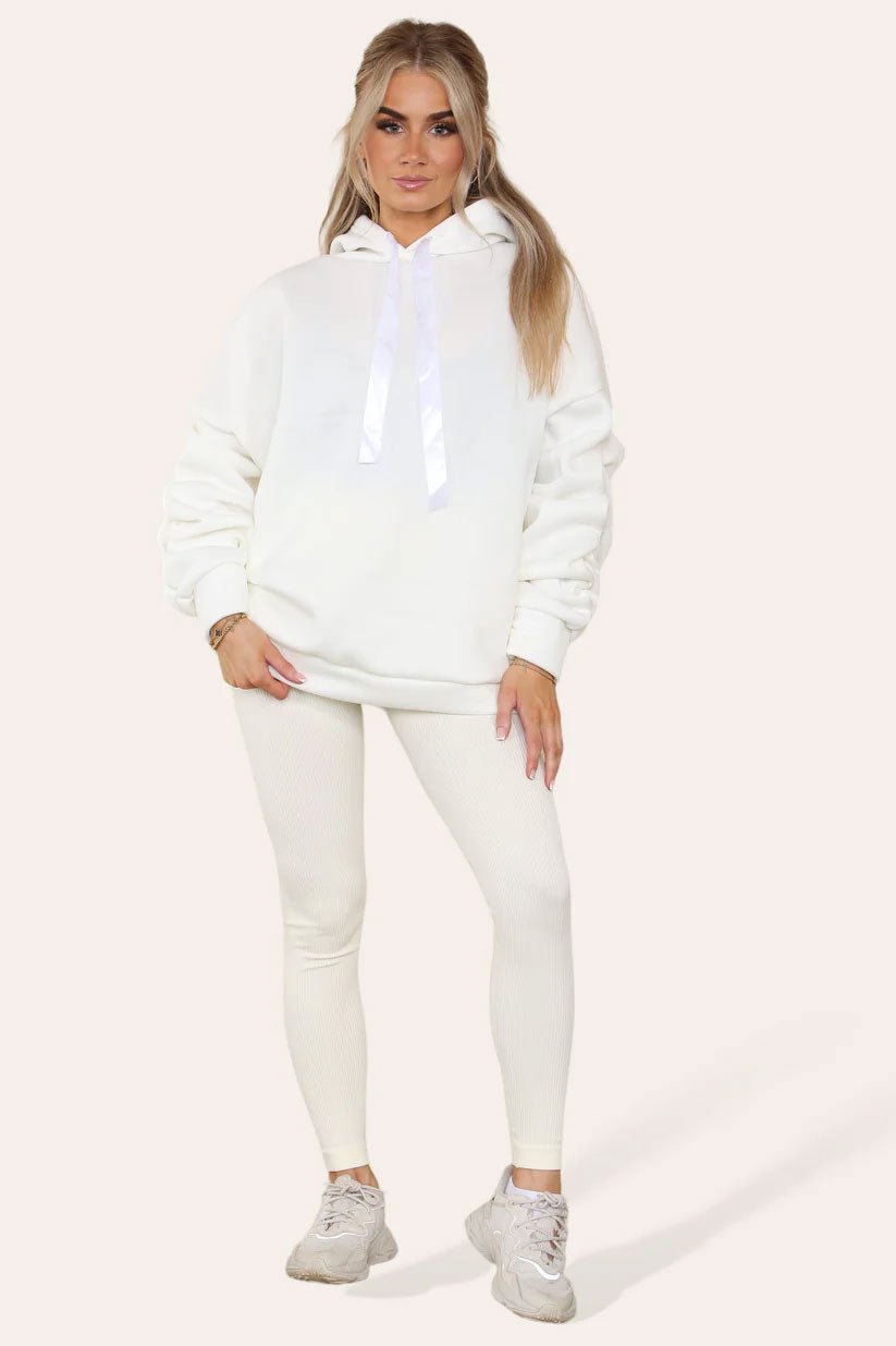 Oversized Ruched Sleeves Hoodie With Satin Ribbon with High Waist High Rise Seamless Ribbed Legging Set - Remzs Fashion