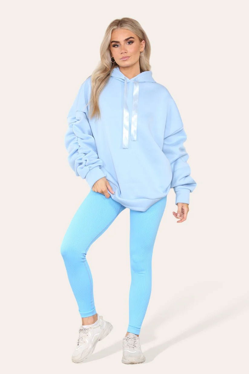 Oversized Ruched Sleeves Hoodie With Satin Ribbon with High Waist High Rise Seamless Ribbed Legging Set - Remzs Fashion