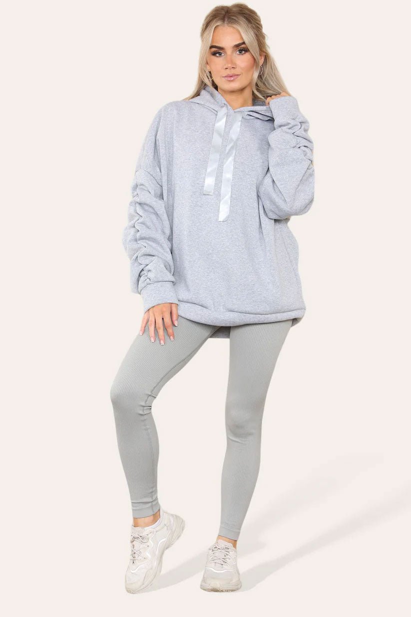 Oversized Ruched Sleeves Hoodie With Satin Ribbon with High Waist High Rise Seamless Ribbed Legging Set - Remzs Fashion