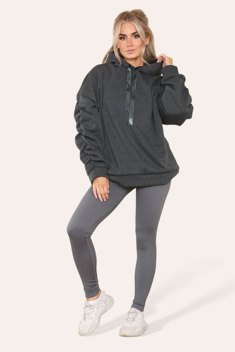 Oversized Ruched Sleeves Hoodie With Satin Ribbon with High Waist High Rise Seamless Ribbed Legging Set - Remzs Fashion