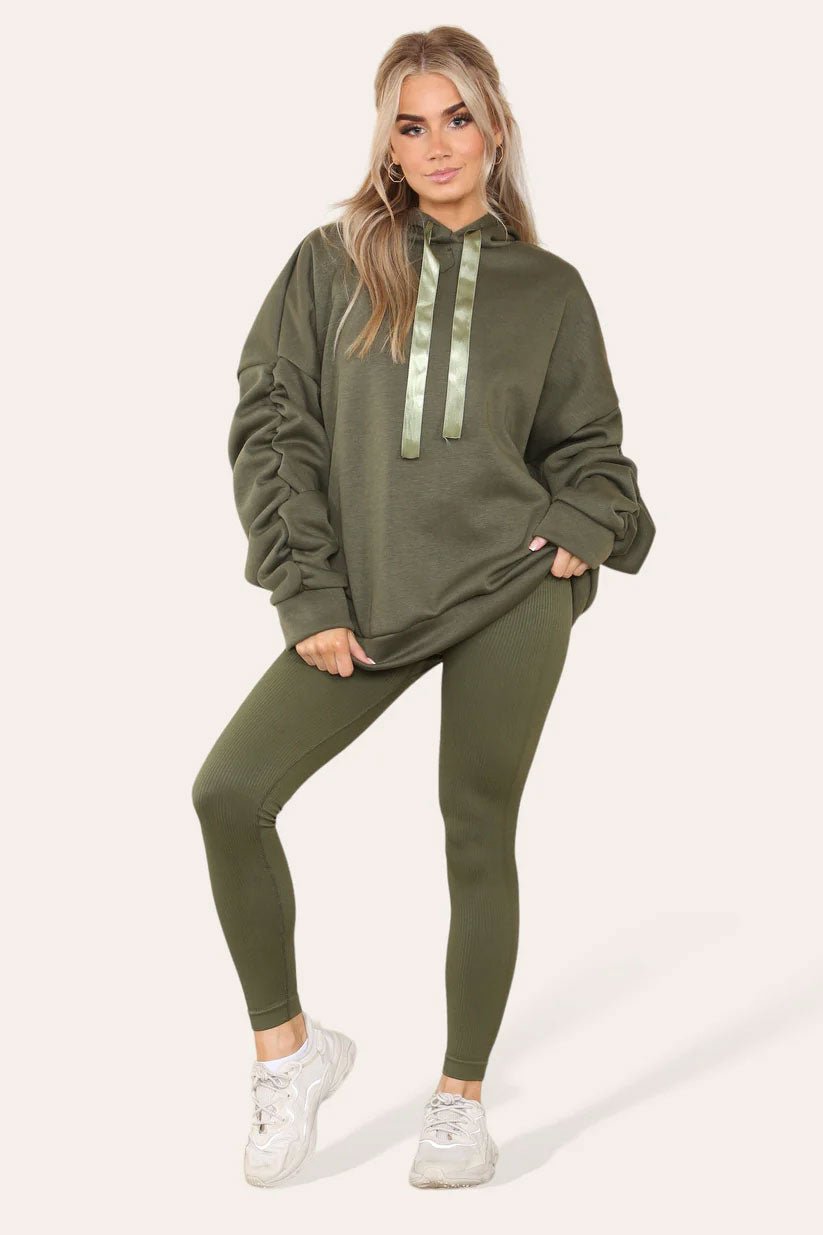 Oversized Ruched Sleeves Hoodie With Satin Ribbon with High Waist High Rise Seamless Ribbed Legging Set - Remzs Fashion