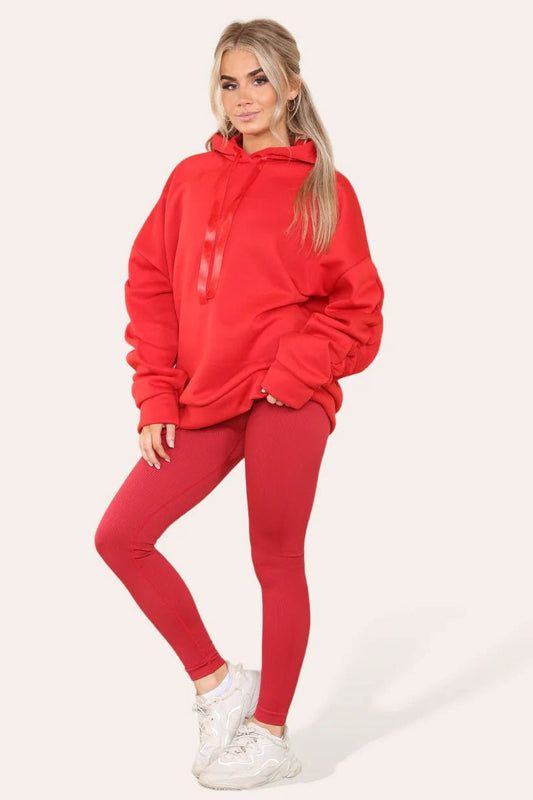 Oversized Ruched Sleeves Hoodie With Satin Ribbon with High Waist High Rise Seamless Ribbed Legging Set - Remzs Fashion