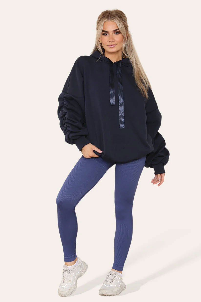 Oversized Ruched Sleeves Hoodie With Satin Ribbon with High Waist High Rise Seamless Ribbed Legging Set - Remzs Fashion