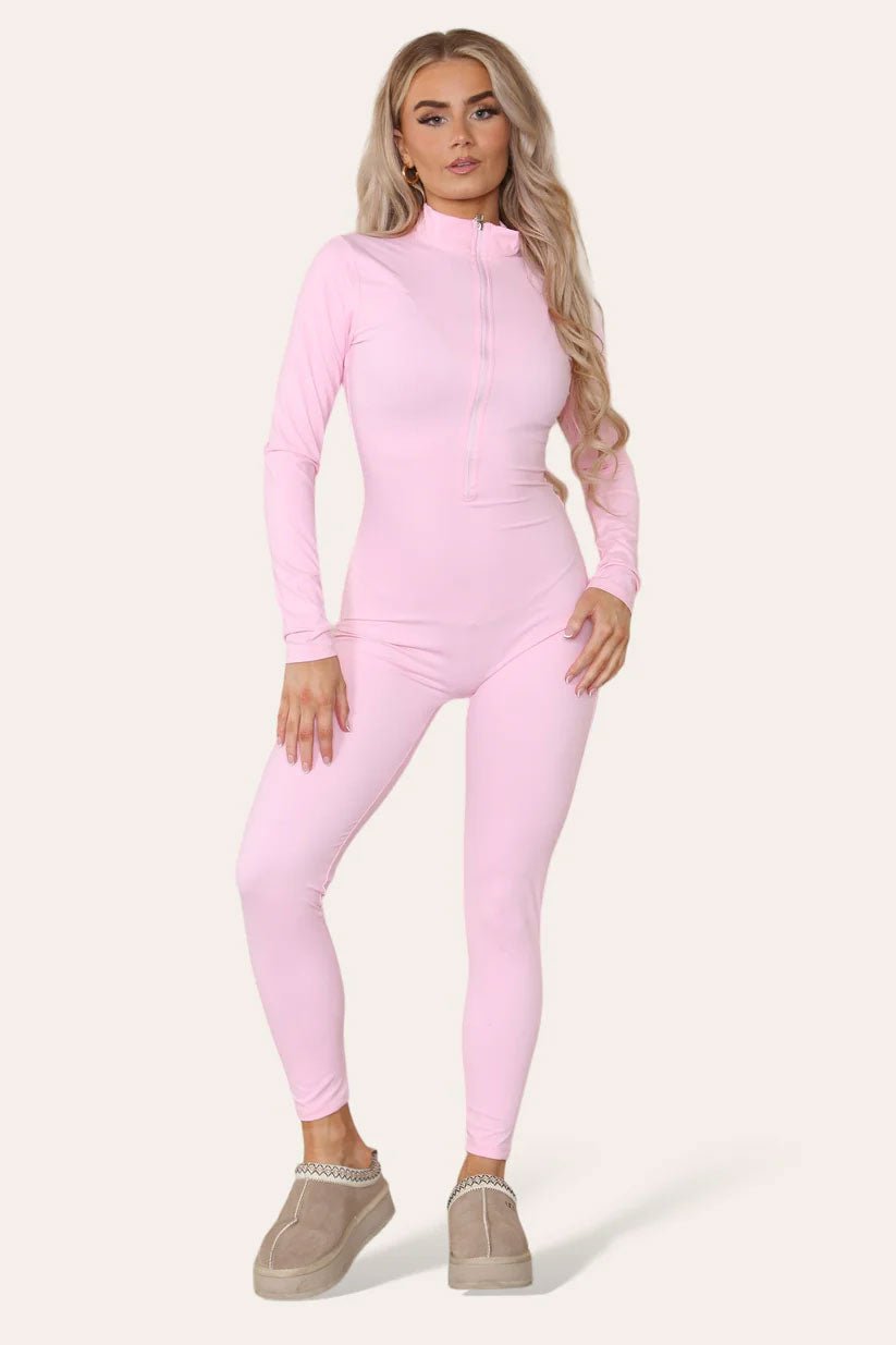 Ribbed High Neck Zipper Collar Jumpsuit Front Unitard Set - Remzs Fashion