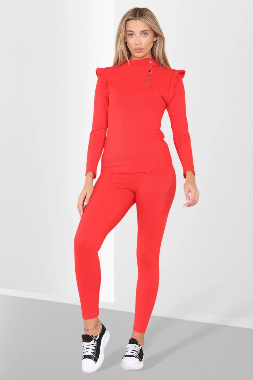 Side Buttons Frill Shoulder Side Neck Gold Button Detail Two Piece Loungewear Set - Remzs Fashion