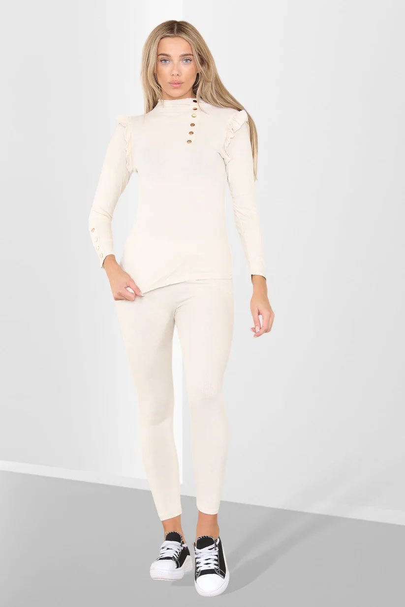 Side Buttons Frill Shoulder Side Neck Gold Button Detail Two Piece Loungewear Set - Remzs Fashion