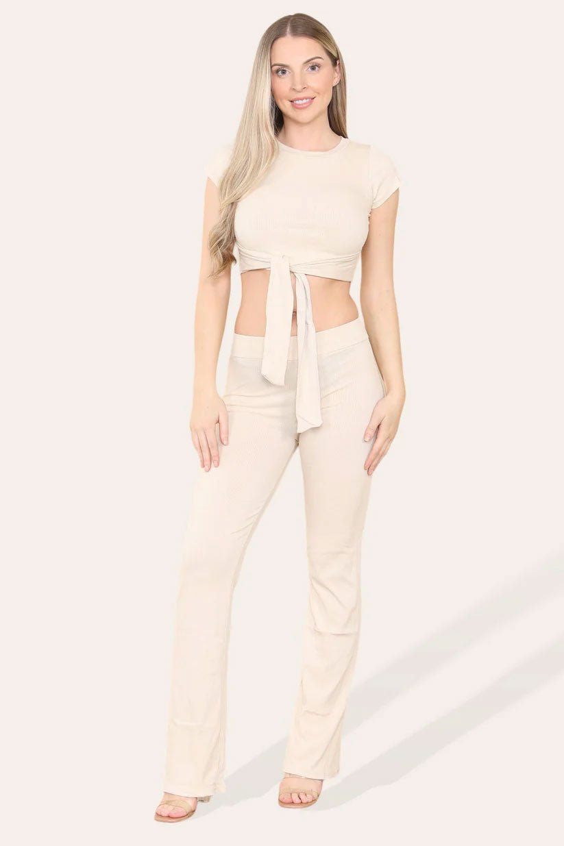 Tie Belt Front Cropped Loungewear Ribbed Trousers Set - Remzs Fashion