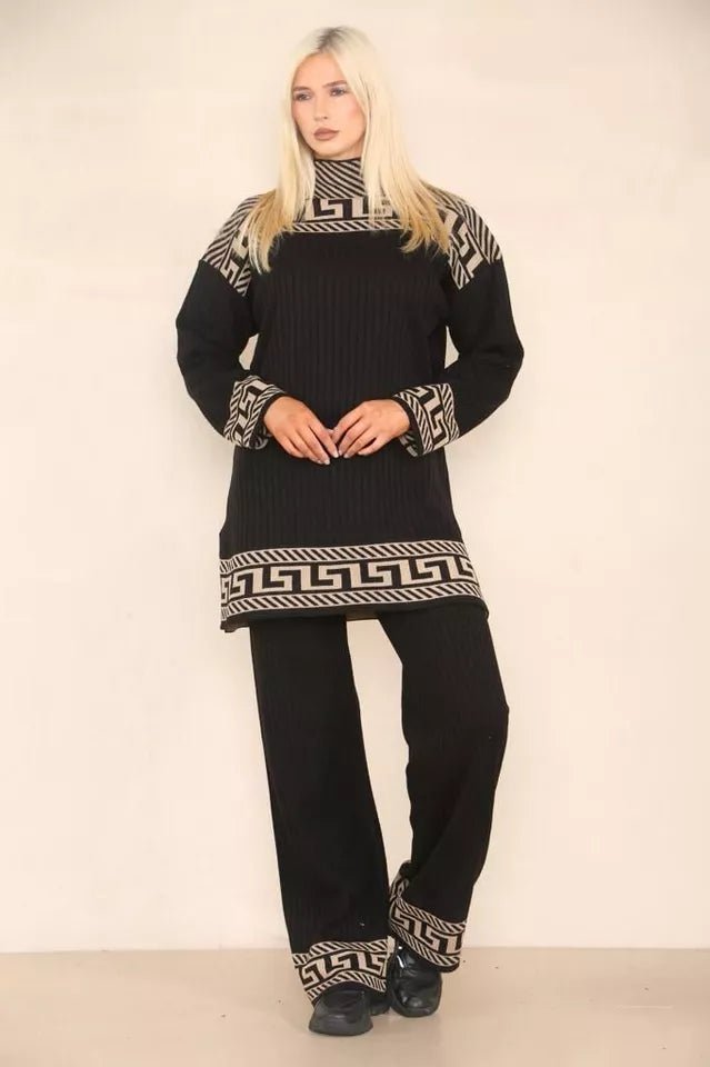 Women High Neck Ribbed knitted Geometric print 2pcs suit casual loungewear dress - Remzs Fashion