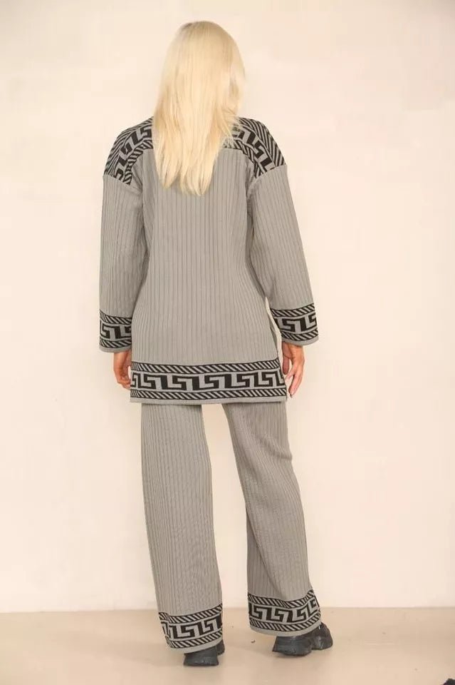 Women High Neck Ribbed knitted Geometric print 2pcs suit casual loungewear dress - Remzs Fashion