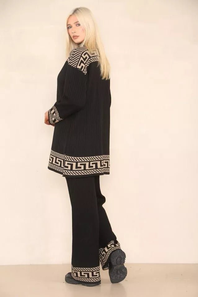 Women High Neck Ribbed knitted Geometric print 2pcs suit casual loungewear dress - Remzs Fashion