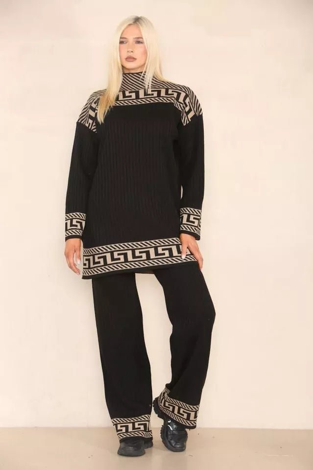 Women High Neck Ribbed knitted Geometric print 2pcs suit casual loungewear dress - Remzs Fashion