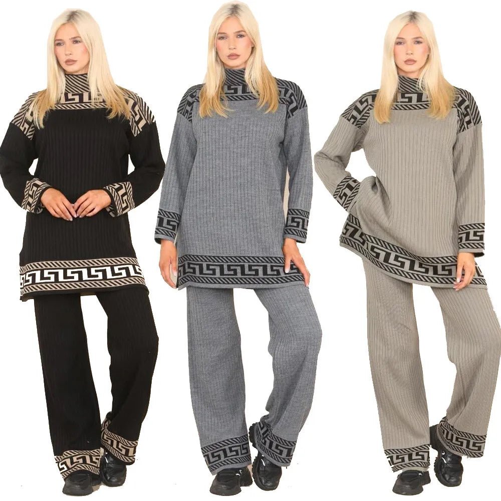 Women High Neck Ribbed knitted Geometric print 2pcs suit casual loungewear dress - Remzs Fashion