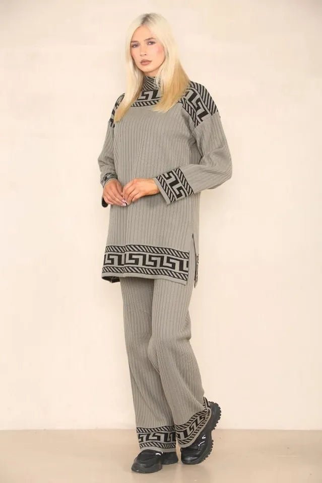 Women High Neck Ribbed knitted Geometric print 2pcs suit casual loungewear dress - Remzs Fashion