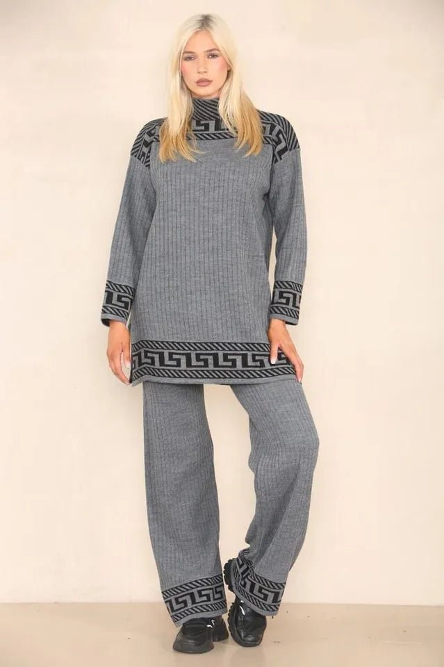 Women High Neck Ribbed knitted Geometric print 2pcs suit casual loungewear dress - Remzs Fashion