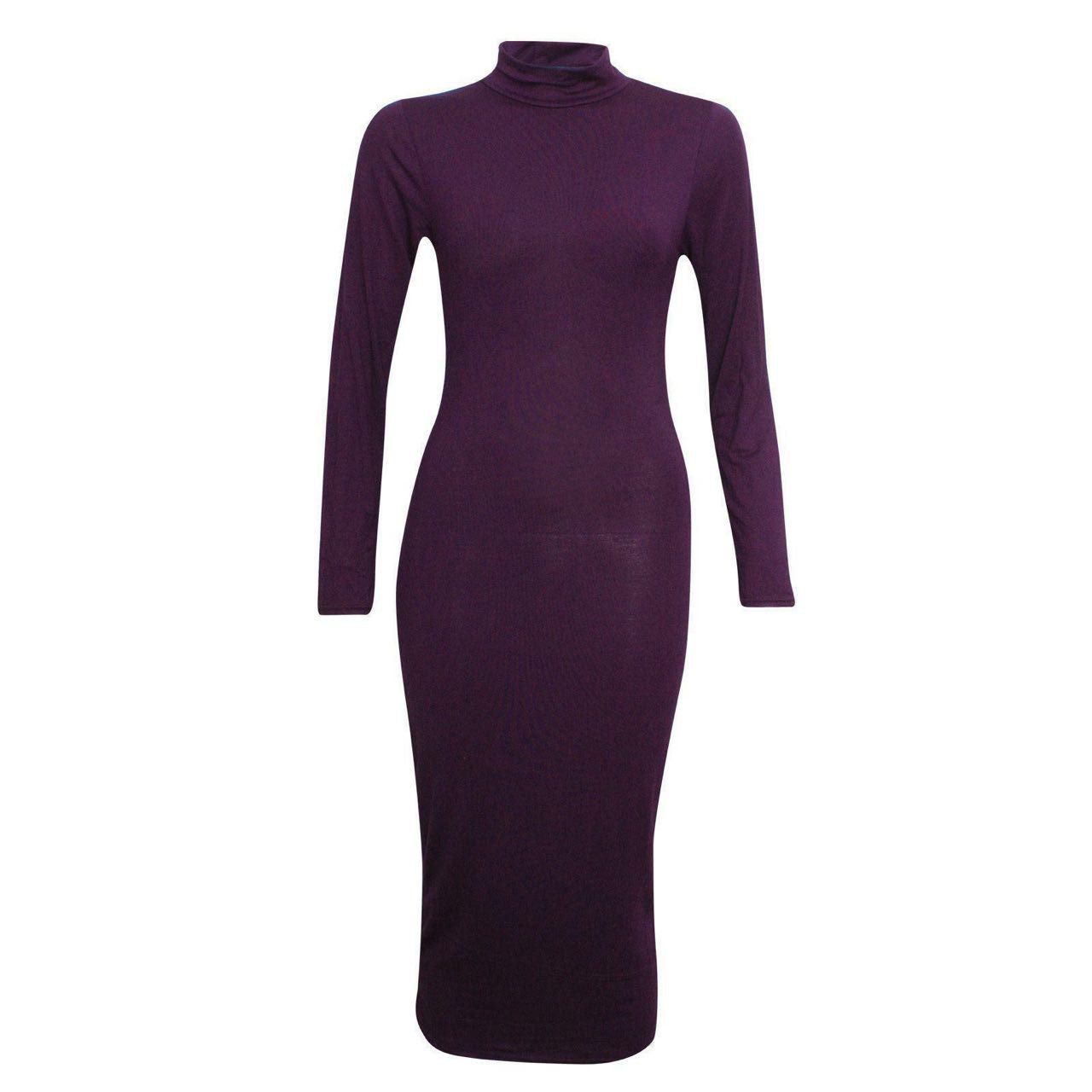 Women Long Sleeve Polo Neck Midi Dress - Remzs Fashion