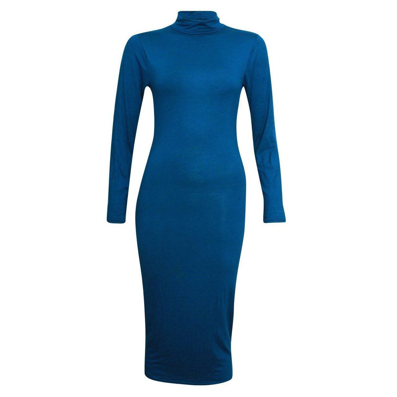 Women Long Sleeve Polo Neck Midi Dress - Remzs Fashion