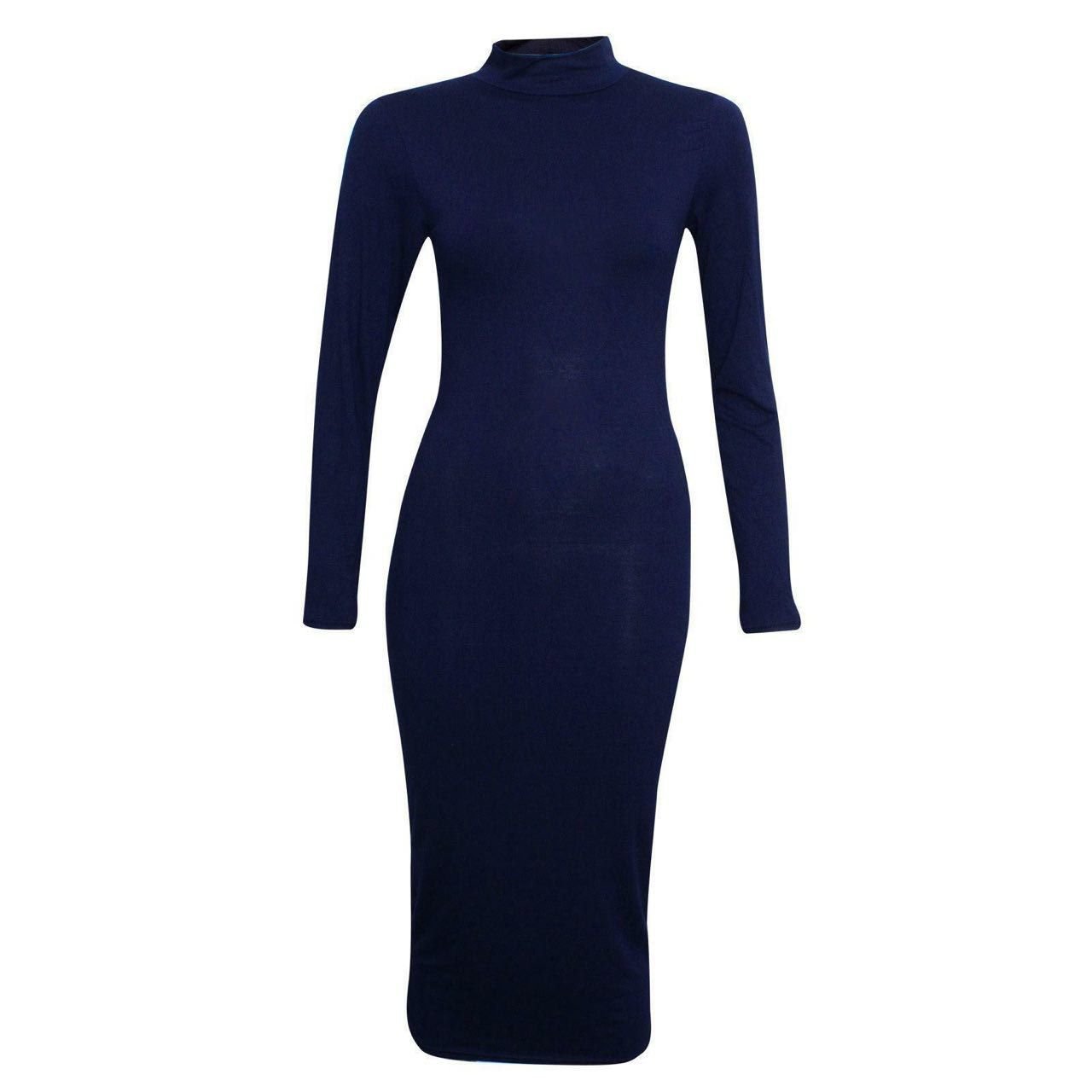 Women Long Sleeve Polo Neck Midi Dress - Remzs Fashion