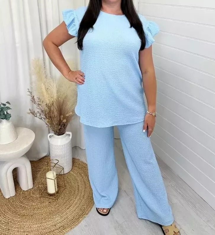 Women Loungwear Ladies Pop Corn Fabric Frill Sleeve Top Trousers 2PCS Co Ord - Remzs Fashion