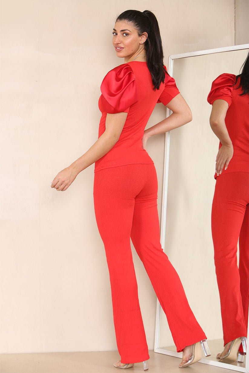 Women Silk Satin Puff Sleeves Co - Ord Top and Bottom Loungewear Suit - Remzs Fashion