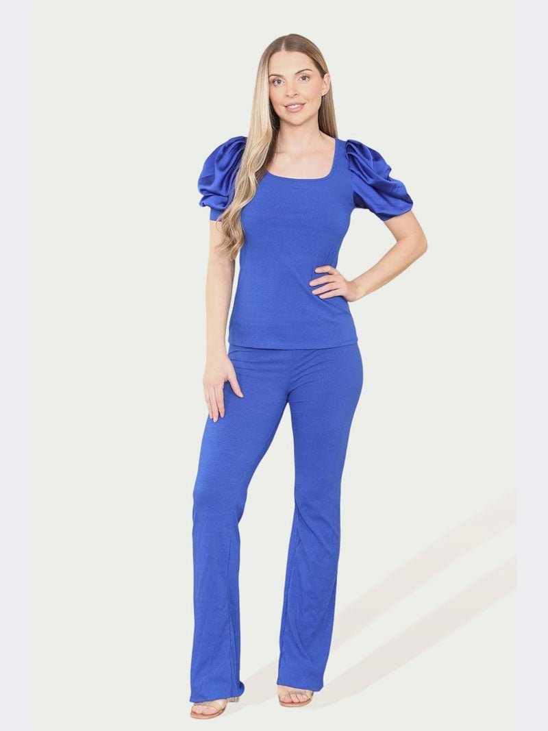 Women Silk Satin Puff Sleeves Co - Ord Top and Bottom Loungewear Suit - Remzs Fashion