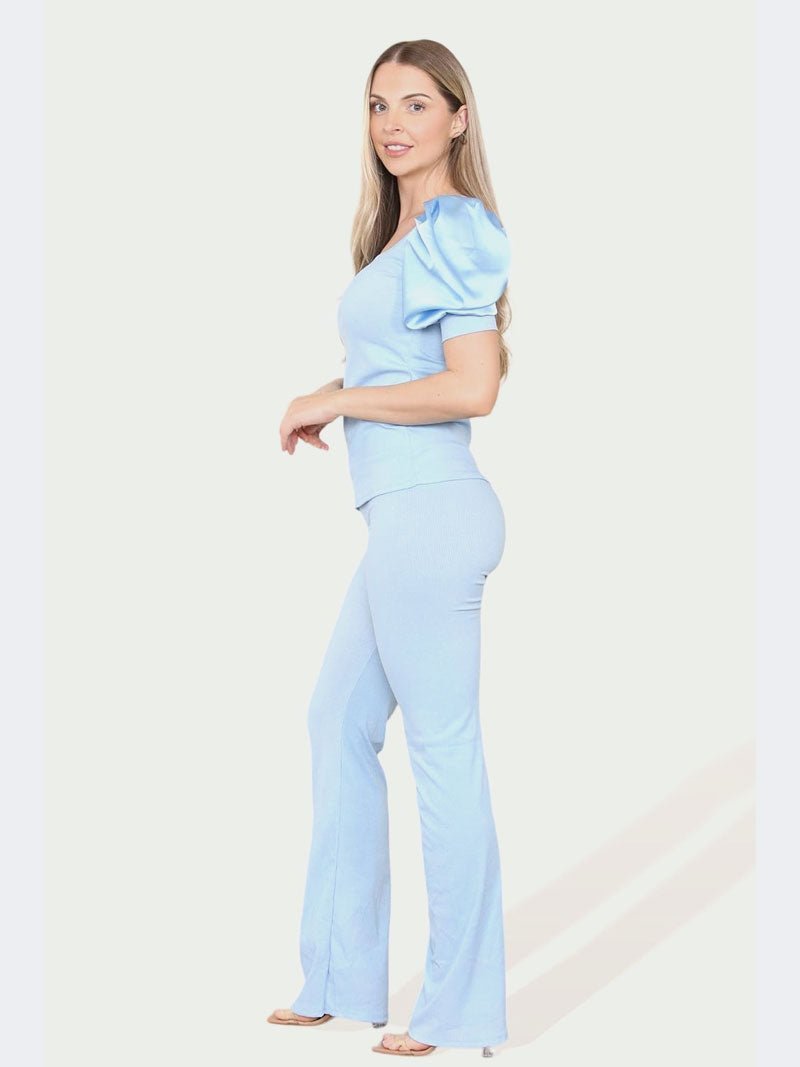 Women Silk Satin Puff Sleeves Co - Ord Top and Bottom Loungewear Suit - Remzs Fashion