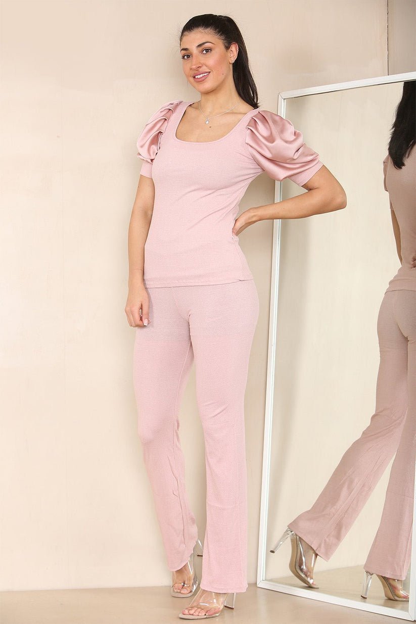 Women Silk Satin Puff Sleeves Co - Ord Top and Bottom Loungewear Suit - Remzs Fashion